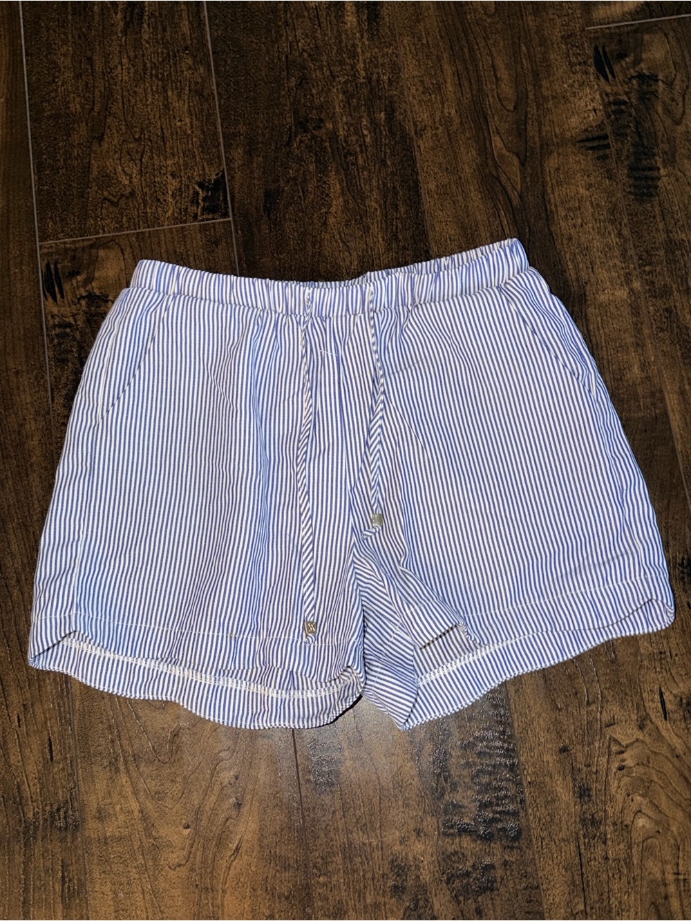 Amiani Blue and White Pinstriped Drawstring Shorts